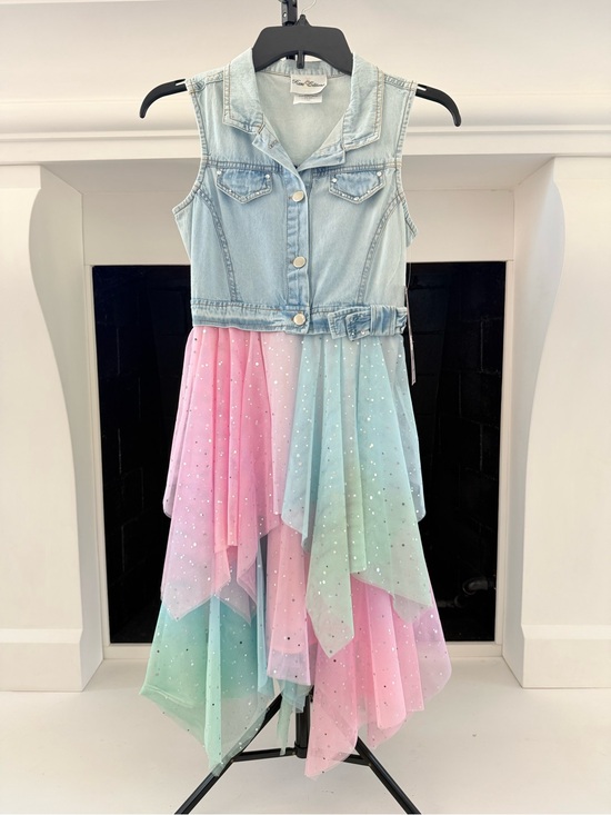 Rare Editions Other - Rare Editions Light Denim Vest Dress with Pastel Pink, Blue, Green Skirt